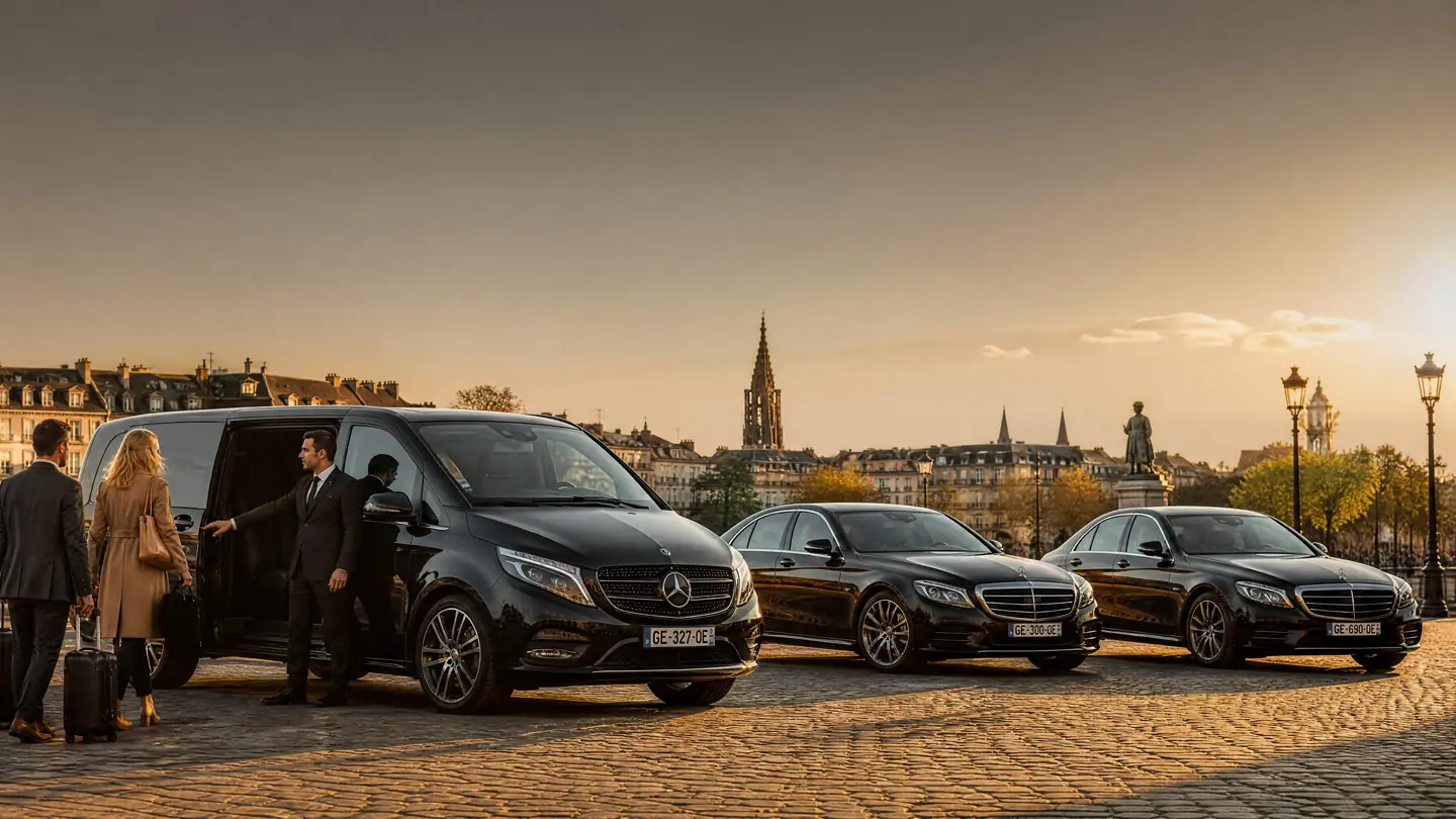 VTC Strasbourg : Van Mercedes Classe V et berlines FJ13 avec chauffeurs devant la cathédrale de Strasbourg au coucher du soleil