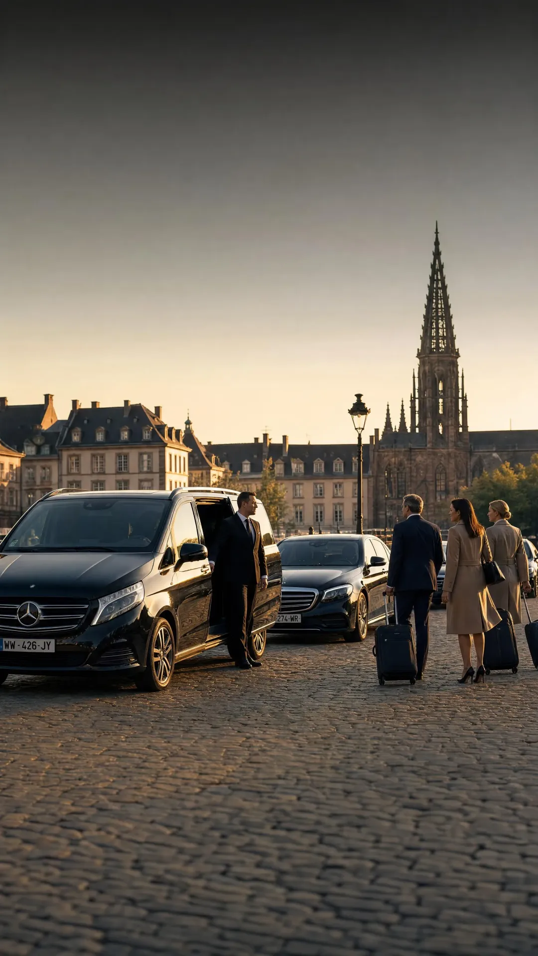 VTC Strasbourg, chauffeur prive avec Mercedes Classe V et Classe S devant la cathedrale, accueil de clients avec bagages