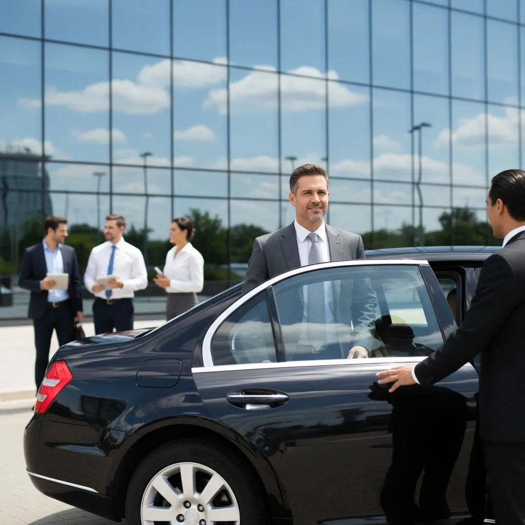 Chauffeur opening the door of a black saloon car for a group of colleagues in front of a glass facade