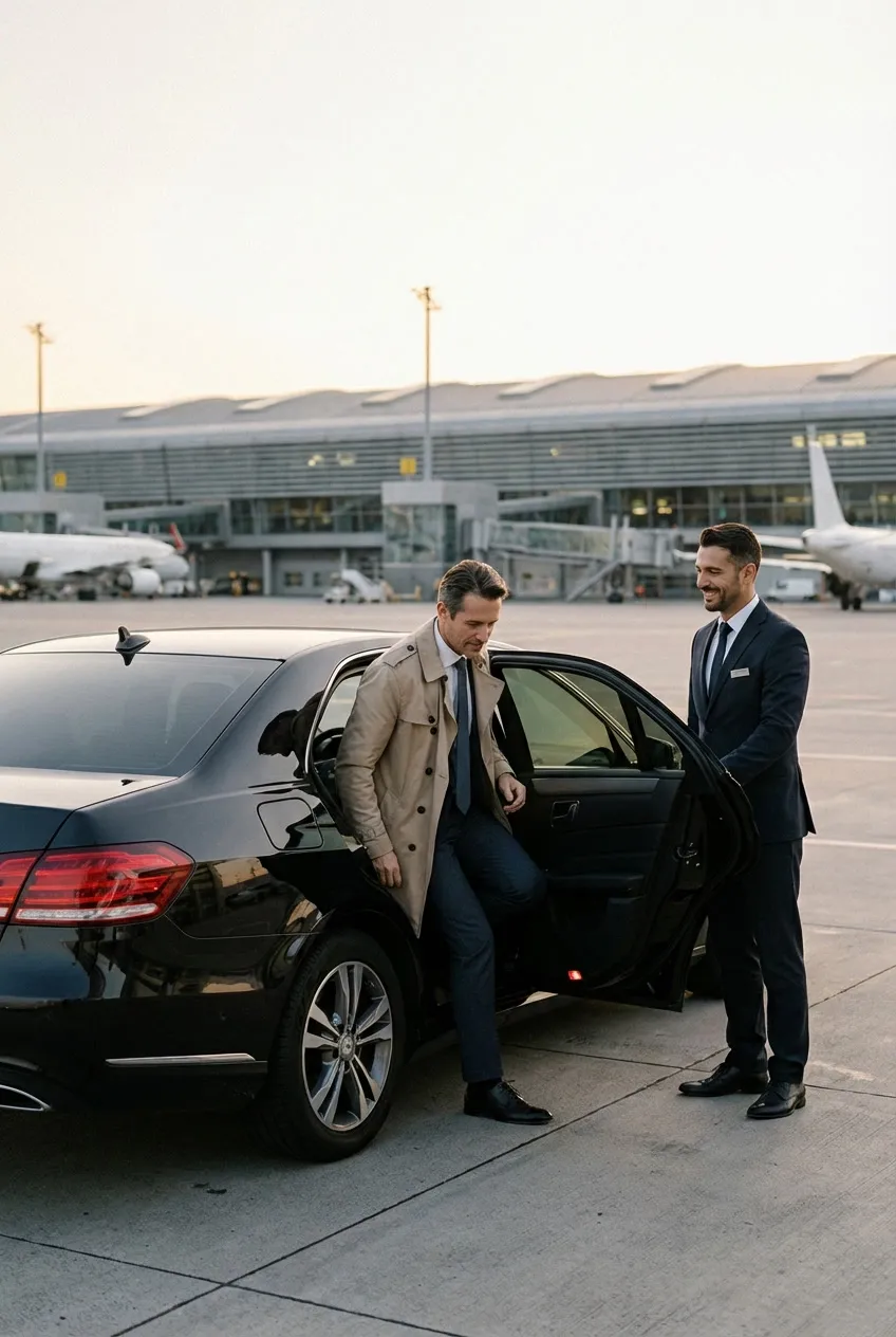 Chauffeur welcoming a traveller in a trench coat stepping out of a black saloon car in front of an airport terminal