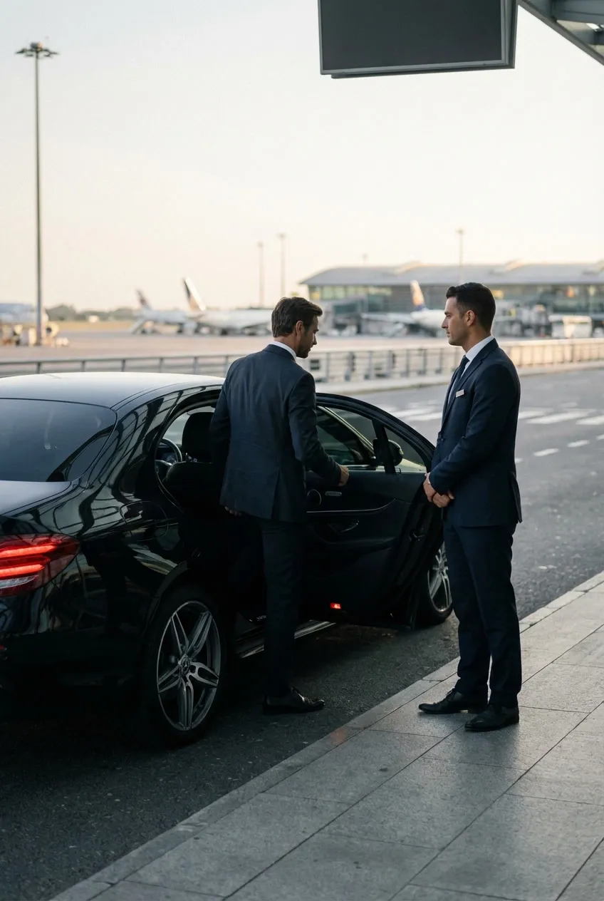 Chauffeur and business passenger standing by a black saloon car beside an airport road