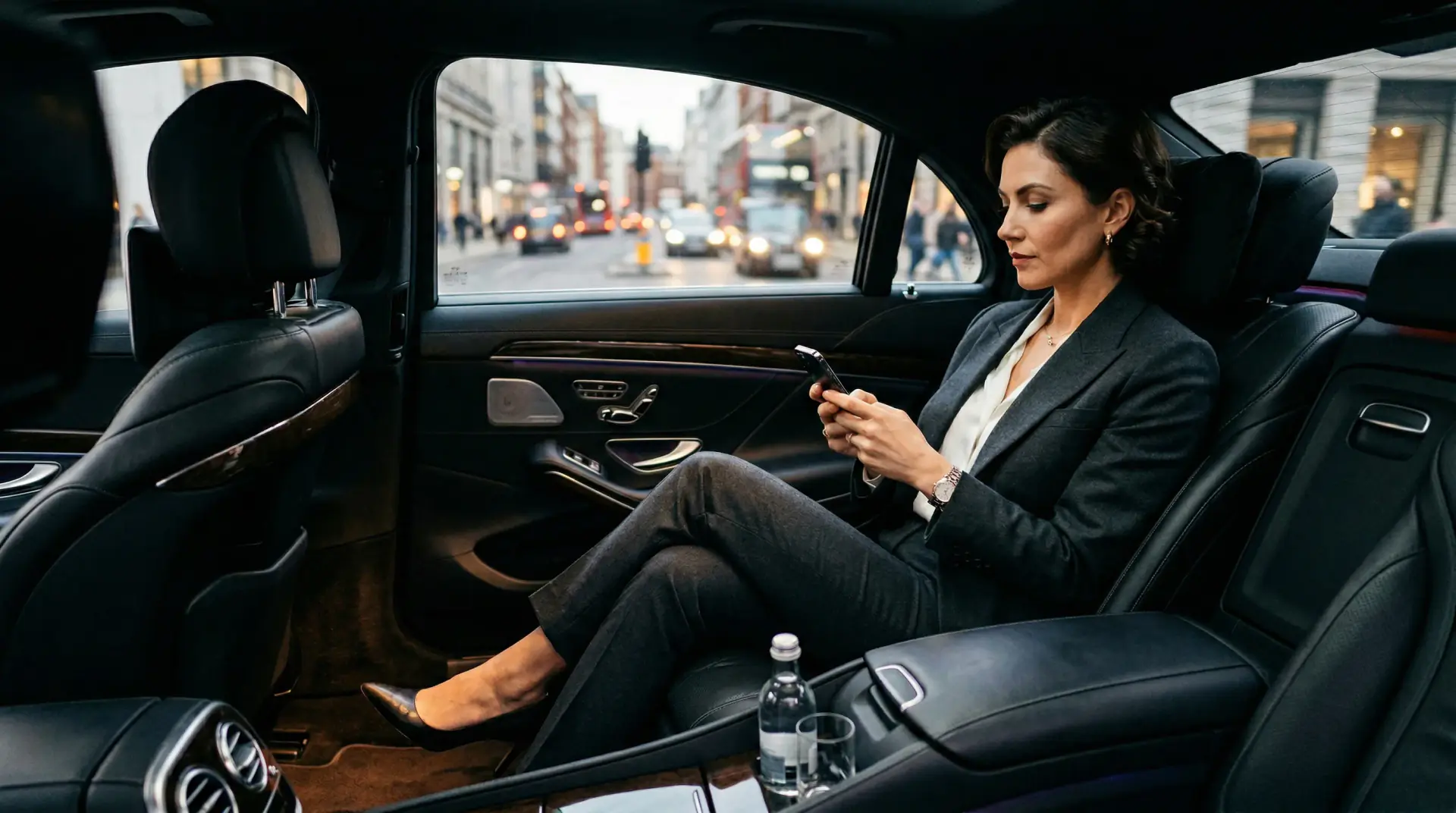 Passenger on her phone on the leather back seat of a saloon car