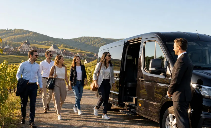 Transport pour team building en Alsace, van avec chauffeur FJ13 emmenant une équipe sur la route des vins